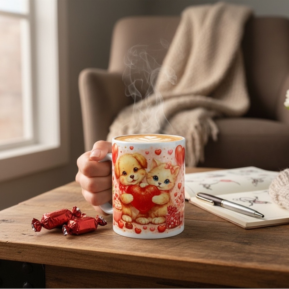 Cute Puppy and Kitten Heart Mug
